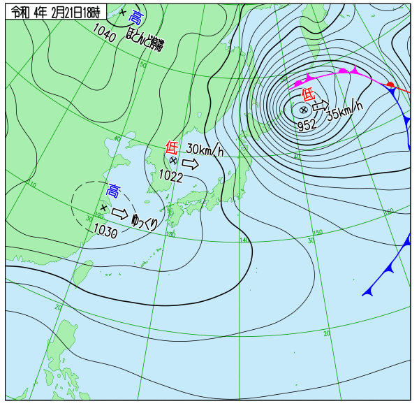Winter_Monsoon's tweet photo. 【2月21日地上天気図】1040hPaなう。北海道の東には952hPaまで低気圧が発達し、北日本は等圧線が込み合い各地で暴風雪、わが寒気団侵攻は止まることを知らぬぞい！そろそろ厳冬期フィナーレの兆しじゃ… https://t.co/aH9oLc9eGx