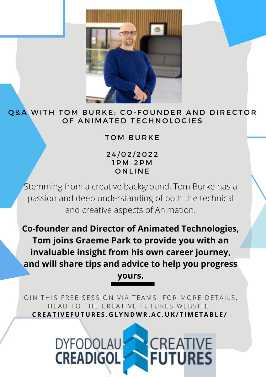 GlyndwrCF22's tweet photo. This Thursday we'll be joined by @Animated_Tech Co-Founder and Director, Tom Burke! Tom has a wealth of creative insight to share with students here at @GlyndwrUni

Don't miss out, find more details and joining instructions on the Creative Futures website: https://t.co/yBmqkDvNOm https://t.co/QiAVZ59xsh