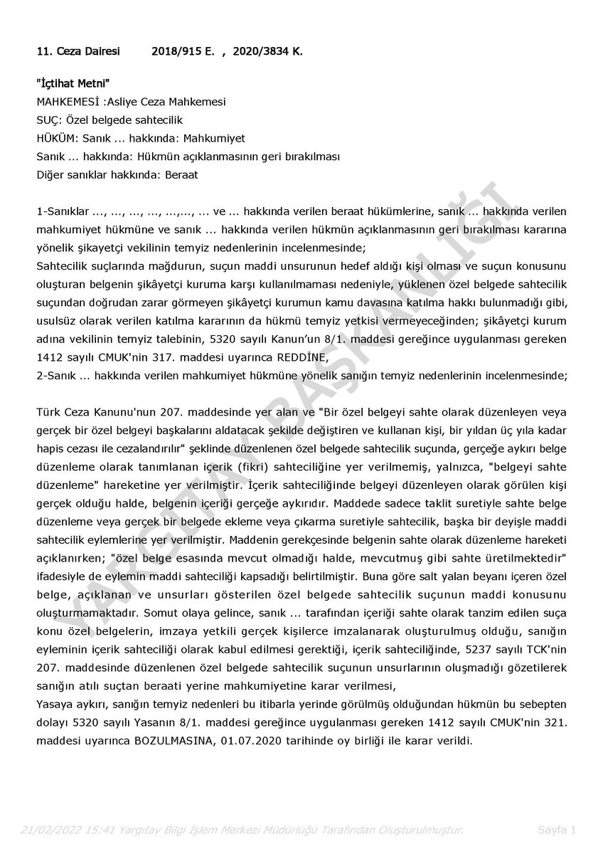 sedaterdem's tweet photo. Yargıtay 11. CD: "TCK’nın 207. maddesinde yer alan özel belgede sahtecilik suçunda, gerçeğe aykırı belge düzenleme olarak tanımlanan içerik (fikri) sahteciliğine yer verilmemiş, yalnızca, "belgeyi sahte düzenleme" hareketine yer verilmiştir. https://t.co/vSbMr3sxoj