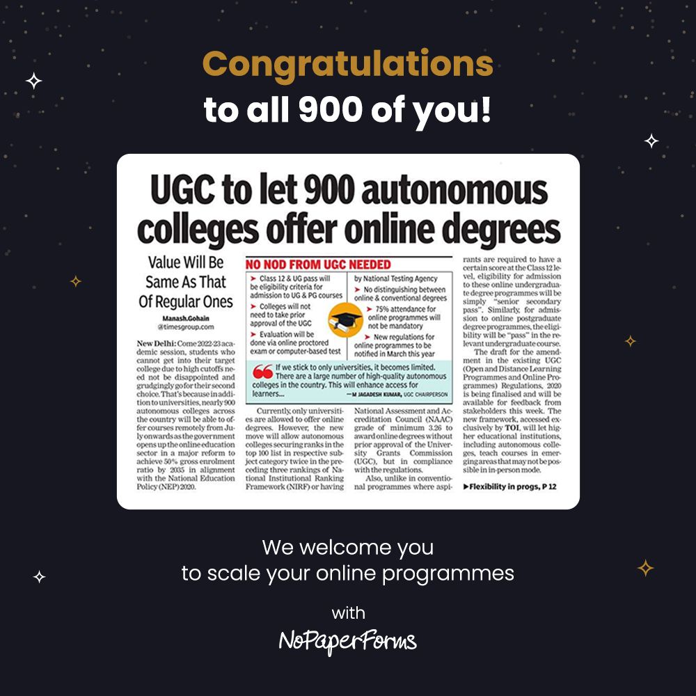 Online degree programmes are going to be a gamechanger in the education sector. Congratulations to all 900 institutions approved by University Grants Commission (ugc) to offer them!         

Learn more: bit.ly/3p3SjLB

#educationCRM #onlinedegrees #onlineprograms