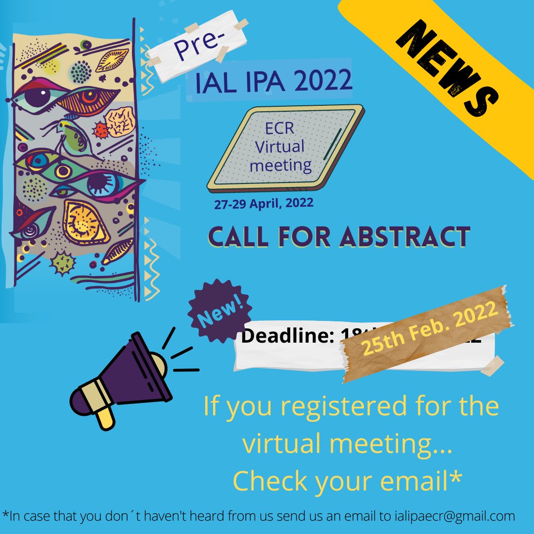 ial-ipa 2022 (@ial_ipa) on Twitter photo NEW DEADLINE
#Palaeolimnologists #ECRs. For those #registered for our #virtual event in April, posters & oral abstract submissions still open!
Deadline: 25th February 2022.
<a href="/PAGES_ECN/">PAGES Early-Career Network</a> <a href="/IPA_ECN/">International Palaeolimnology Association ECR</a>
Email: ialipaecr@gmail.com
if you did not receive the application NEW DEADLINE
#Palaeolimnologists #ECRs. For those #registered for our #virtual event in April, posters & oral abstract submissions still open!
Deadline: 25th February 2022.
<a href="/PAGES_ECN/">PAGES Early-Career Network</a> <a href="/IPA_ECN/">International Palaeolimnology Association ECR</a>
Email: ialipaecr@gmail.com
if you did not receive the application