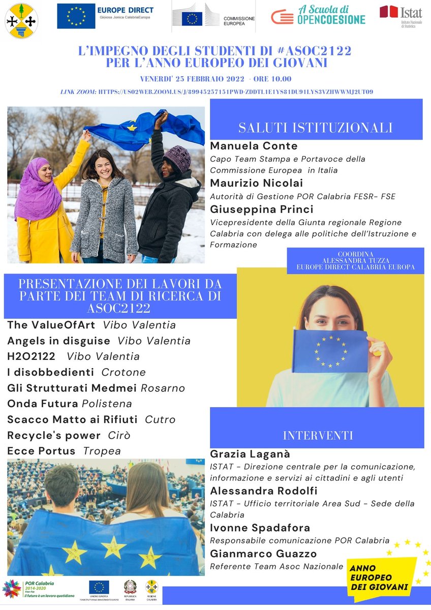 CaleEuropaEdic's tweet photo. ✔️ 25 febbraio 2022:"Al via l'evento online 'L'impegno degli studenti di Asoc2122 per l'Anno europeo dei Giovani" 👩💼����🔛
👉 #eventionline #ASOC2122 #studenti #gioventù #dati #21febbraio #EuropeDirect #europedirectitalia 🇪🇺
@ascuoladioc @europainitalia
https://t.co/VJ4mGYjTzs https://t.co/CYmy5vHeHe