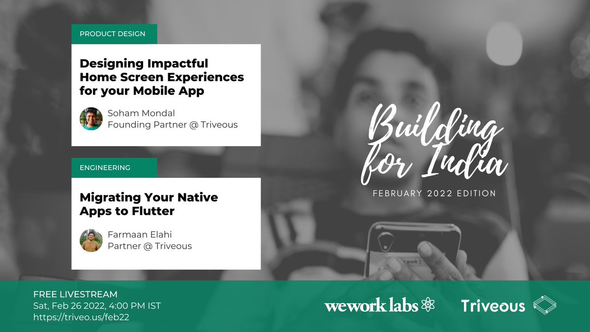 triveous's tweet photo. We're excited to collaborate with the great folks at @WeWork Labs to talk about "Designing Impactful Home Screen Experiences for your Mobile App" & "Migrating Your Native Apps to Flutter" in the Feb edition of "Building For India".
Sign up @ https://t.co/qXeH7v9FSc
@WeWorkIndia https://t.co/Np15I2rKvA