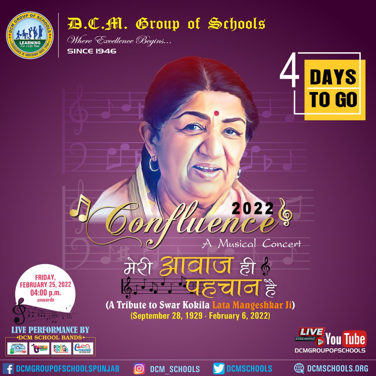 thedcmschools's tweet photo. Meri Awaaz Hi Pehchaan Hain, Gar Yaad Rahe…and how can one forget such a voice! She leaves behind a huge legacy of songs which will be treasured for generations to come.
4 Days To Go...
#ATribute to #SwarKokila #LataMangeshkarJi
#confluence #MusicalConcert #Extravagnza #Lataji https://t.co/8tAIZlkMJ1