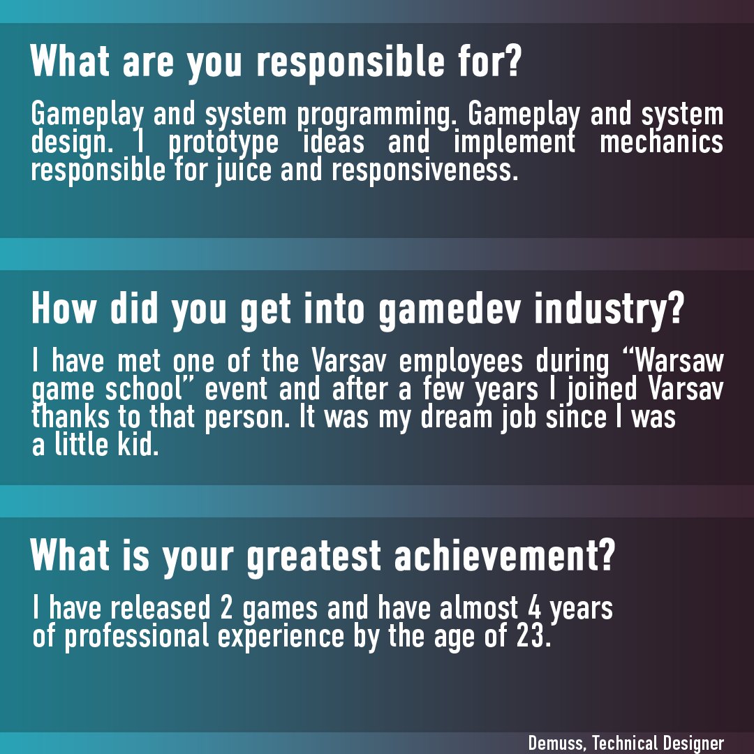 VarsavGS's tweet image. We&apos;ve been thinking that maybe some of you would like to know who is working on our projects. And we&apos;ve decided to give you that possibility by creating the People of VARSAV series.

We hope that you&apos;ll like it!😉

#IndieGameDeveloper #WorkInGameDev #GameDev