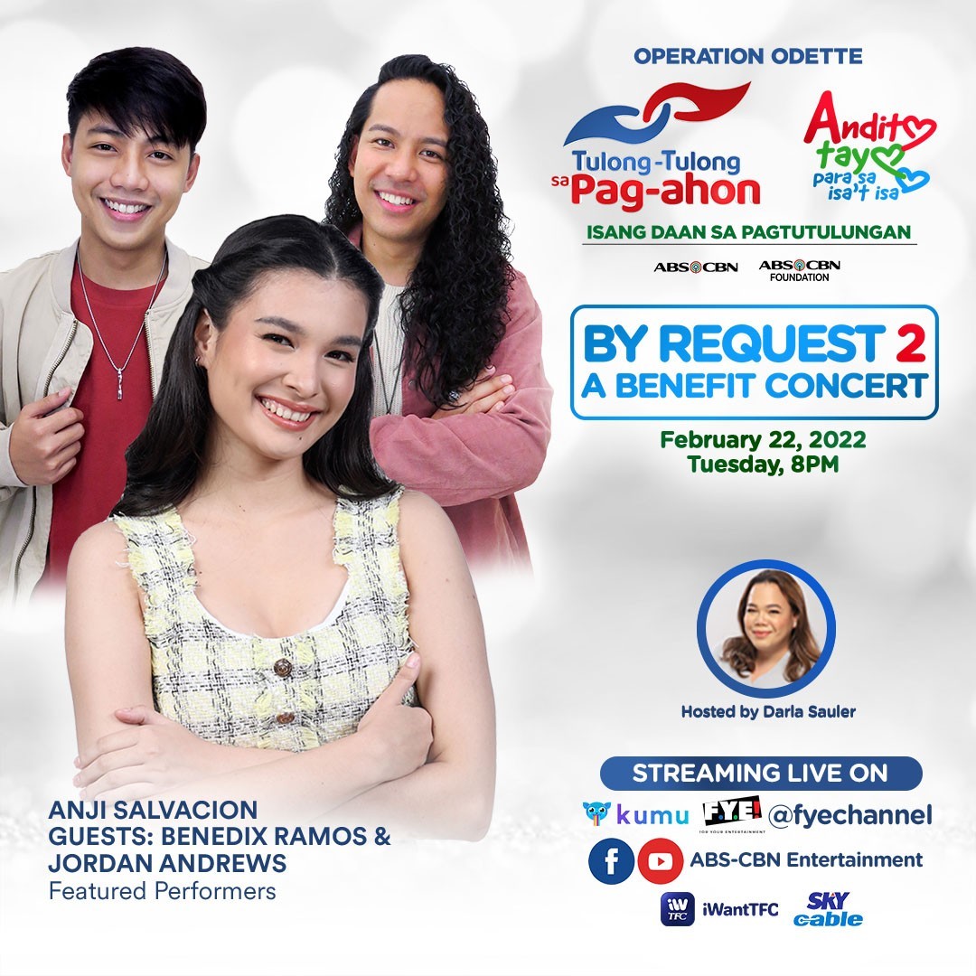 ABSCBN's tweet image. Abangan sina Anji Salvacion with Benedix Ramos and Jordan Andrews LIVE ngayong Martes sa #ByRequest2! 

#TulongKapamilya
#AnditoTayoParaSaIsatIsa 

DSWD Authority/Solicitation Permit No.DSWD-SB-SP-00026-21, Nationwide. Valid until May 28, 2022