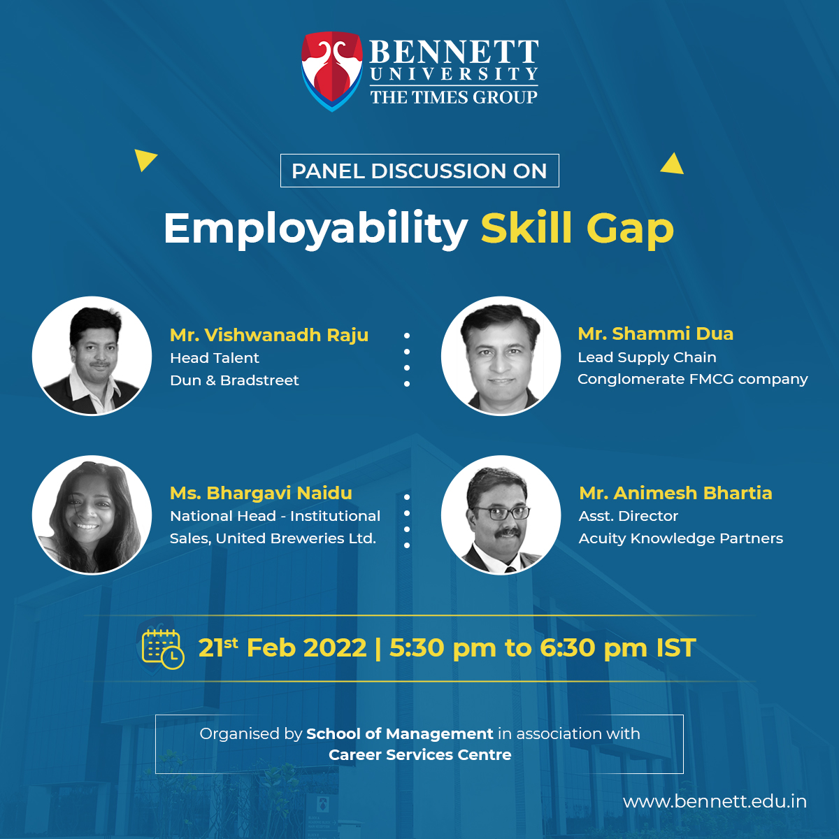 bennettuniv's tweet photo. Today,SOM is organizing a #webinar on “#EmployabilitySkill Gaps”.Leading industry experts will be sharing their expertise in identifying the skill set among the students that are missing as per the industry standards & views on how to bridge this gap through the course curriculum https://t.co/zU0S6nb12J