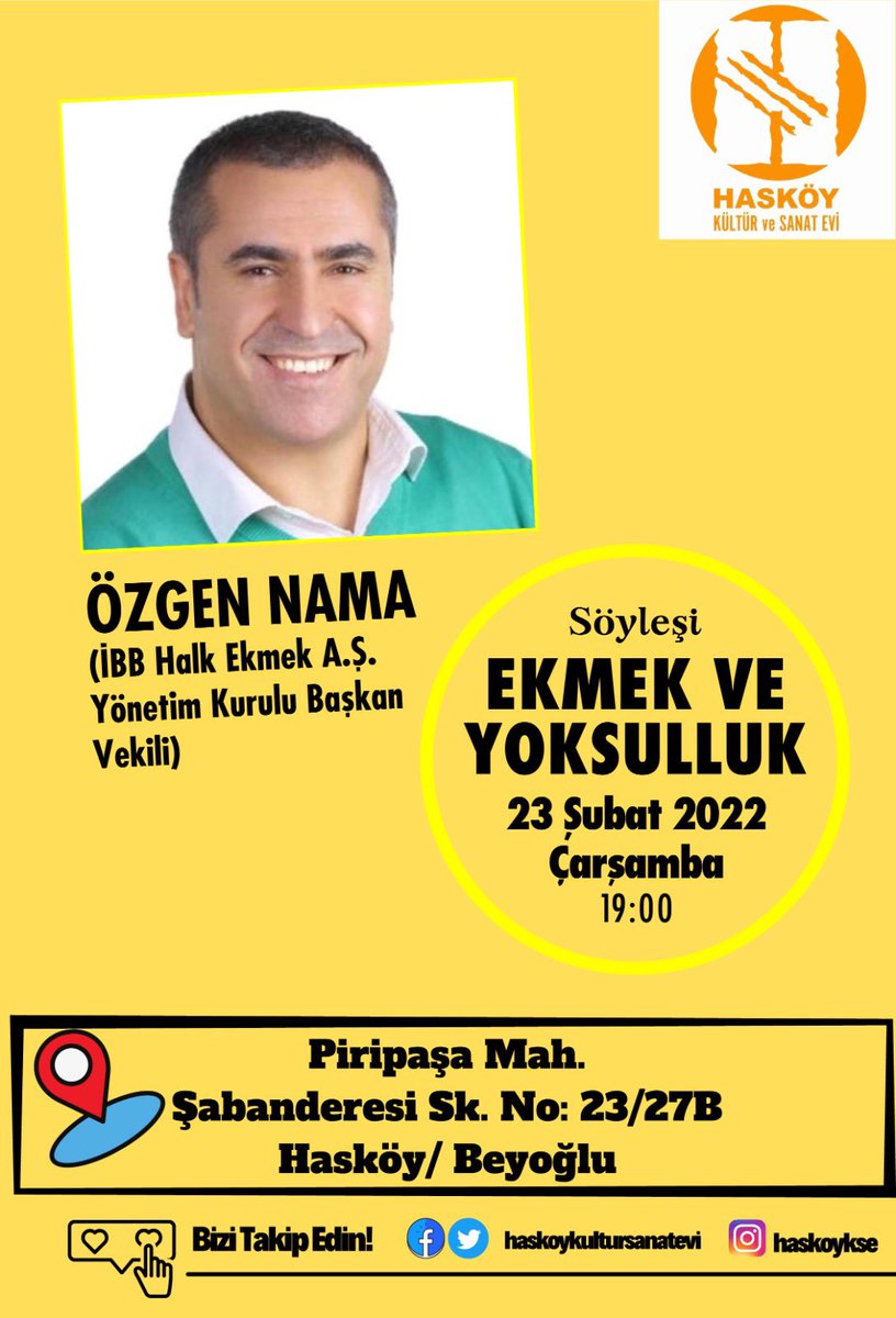 İBB Halk Ekmek A.Ş Yönetim kurulu Başkan vekili sevgili Özgen NAMA ile 23 Şubat Çarşamba, Saat 19:00’ da, kültür ve sanat evimizde gerçekleştireceğimiz “Ekmek ve Yoksulluk” temalı söyleşimize hepinizi bekleriz. <a href="/OzgenNAMA/">Özgen NAMA</a>