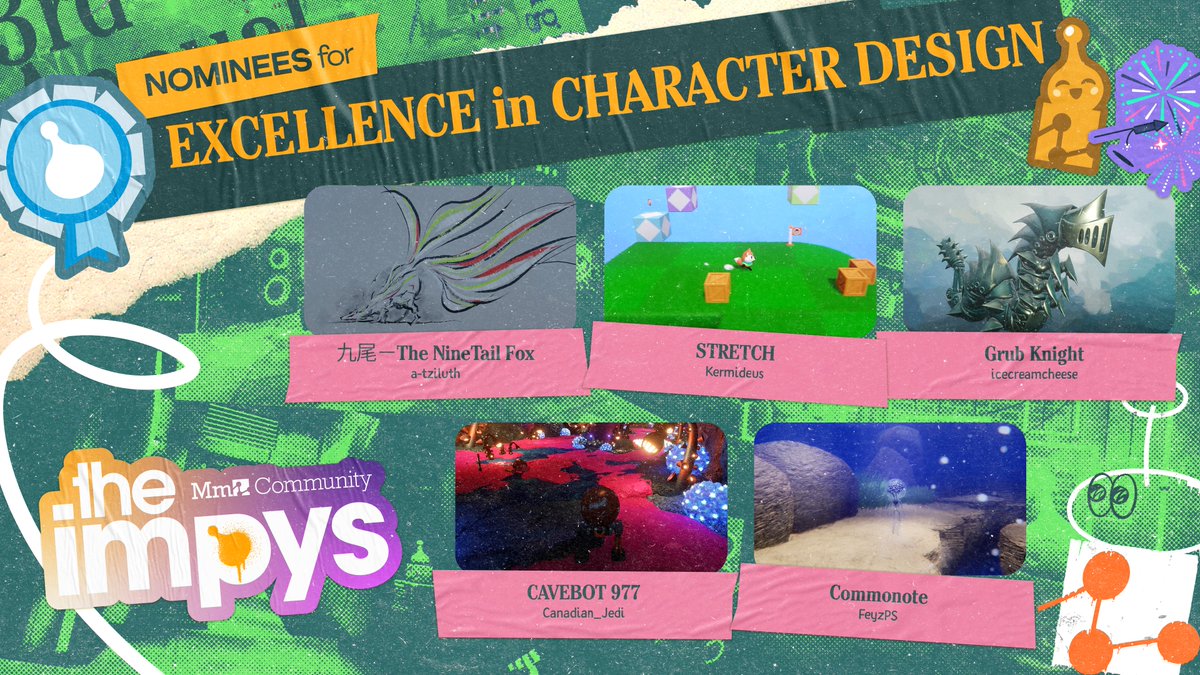 mediamolecule's tweet photo. Well-crafted characters with lots of personality! Here's the #ImpyAwards Nominees for Excellence in Character Design:

🔥 NineTail Fox - @a_tziluth
🦊 STRETCH - @Kermideus
🐌 Grub Knight - icecreamcheese
🤖 CAVEBOT 977 - @Canadian__Jedi
🧠 Commonote - @FeyzTw 

#MadeInDreams https://t.co/mKUTAT6eu1