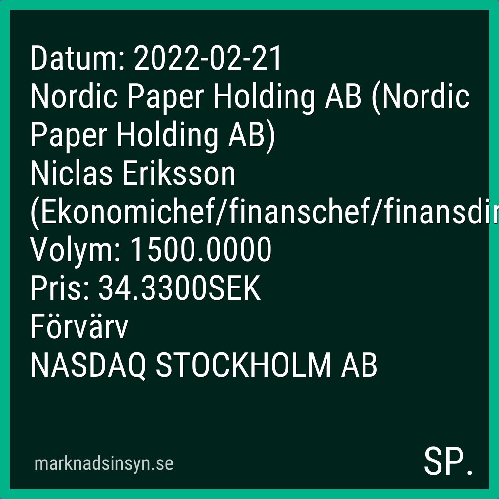 svenroed's tweet image. Få SMS via marknadsinsyn.se. Datakälla: FI Insynshandel. #nordicpaper #SE0014808838 $npaper nordicpaper