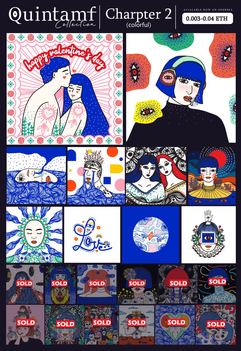 quintamf's tweet image. ✨Quintamf Collection✨
-Only have 2 Chapters!-
💙❤️Chapter 1: 52/52 (Blue&amp;amp;Red) ❌Sold Out❌
🌈Chapter 2: 52/23(Colorful)
opensea.io/collection/qui…
#WomeninNFT  #NFTartist #nftcollectors #NFTthai #NFTthaiartist  #NFTdrop