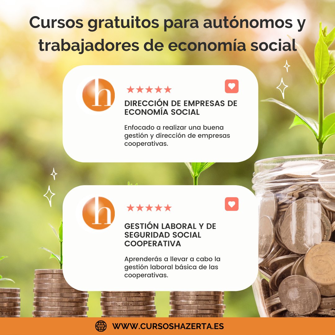 ⚠️ÚLTIMAS PLAZAS⚠️
Si eres autónom@ o trabajad@r de la economía social, ¡estos son tus cursos!

👨‍💼👩‍💼 Aprende a desarrollar todas tus técnicas, herramientas y habilidades para dirigir y gestionar empresas cooperativas ➡️➡️ +info: cursoshazerta.es/cursos-para-au…
