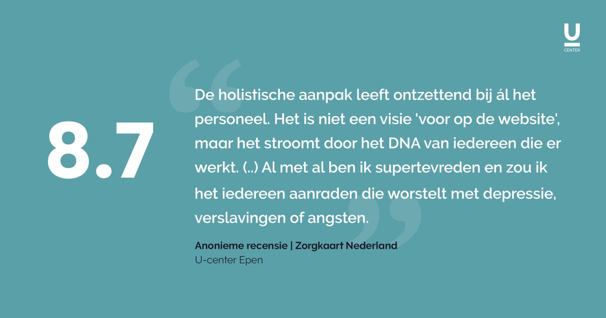 Deze maand ontvingen we weer een prachtige waardering op Zorgkaart Nederland van één van onze oud-cliënten. Lees hier de volledige review  zorgkaartnederland.nl/zorginstelling….

#ucenter #zorgkaartnederland