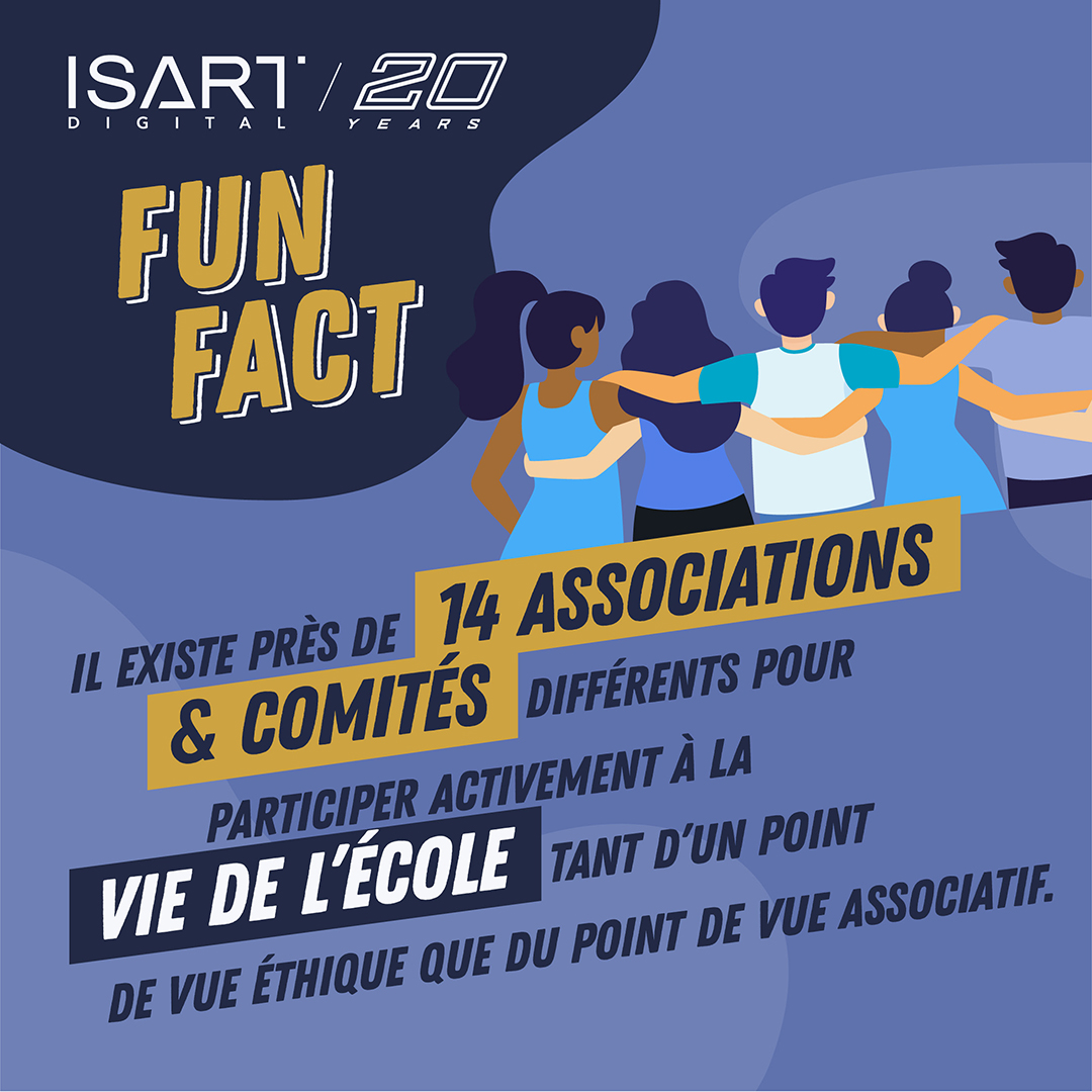 isartdigital's tweet photo. Chaque mois, le #FunFactISART vous dévoile une anecdote marquante ou insolite sur les 20 ans de l’école ! 🗯️
👉 Il existe près de 14 associations & comités différents pour participer activement à la vie de l'école tant d'un point de vue éthique que d'un point de vue associatif https://t.co/EuuVzgcapI