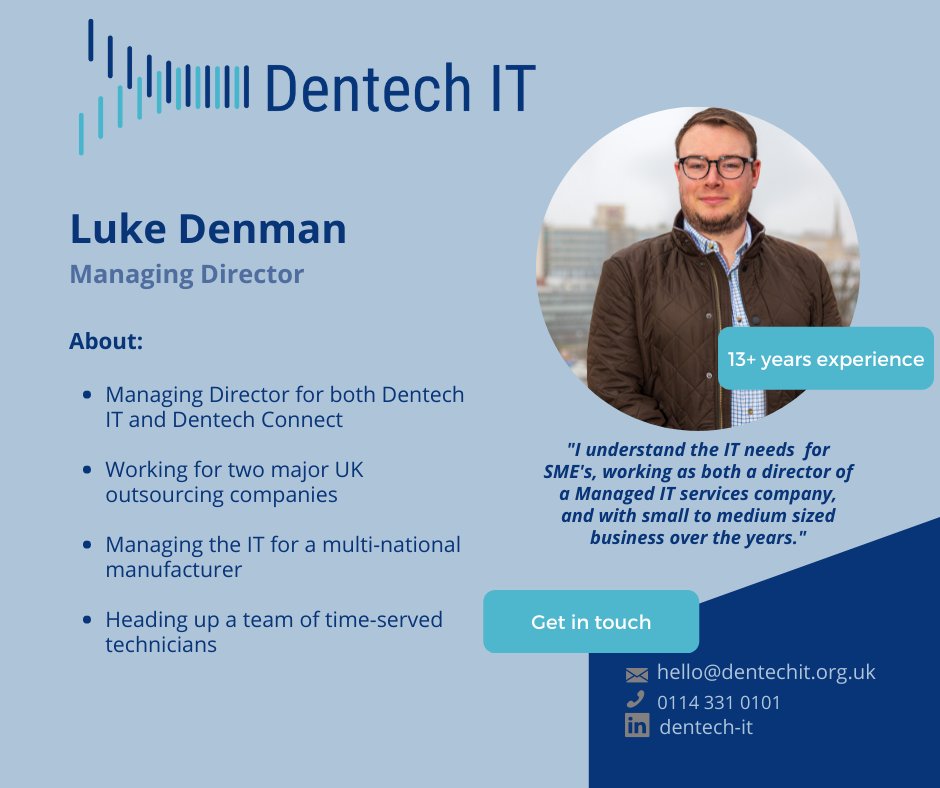 Meet the face behind the company!

Introducing Luke Denman, Managing Director for Dentech IT and <a href="/ConnectDentech/">Dentech Connect</a>. 

Read more about Luke here: 

ow.ly/6Q0W50HUlqr

#meettheteam #gettoknowus #connectivity #IT #broadband