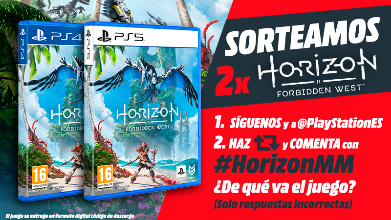𝗦𝗢𝗥𝗧𝗘𝗔𝗠𝗢𝗦 2⃣ códigos digitales de #HorizonForbiddenWest para PS4/PS5 🔥

1⃣ Síguenos y a <a href="/PlayStationES/">PlayStation España</a>
2⃣ Haz RT y comenta con #HorizonMM ¿De qué va el juego? (solo respuestas incorrectas)🤣

¿Lo quieres ya?👉bit.ly/HorizonForbidd…
⏱Solo hoy el 24/2🍀 #Sorteo
