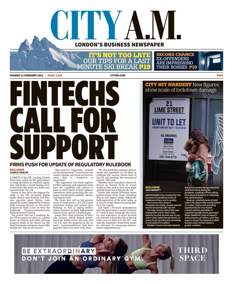 rolf_merchant's tweet photo. Hitting the front page of @CityAM this morning with our open letter from more than 70 FinTech CEOs and founders on the Kalifa Review 1 year on. 

Brilliant to have the support of so many @InnFin members on this!

The full letter 👇https://t.co/y2Dcyp8WQH

#fintech https://t.co/exSBZJpmxb