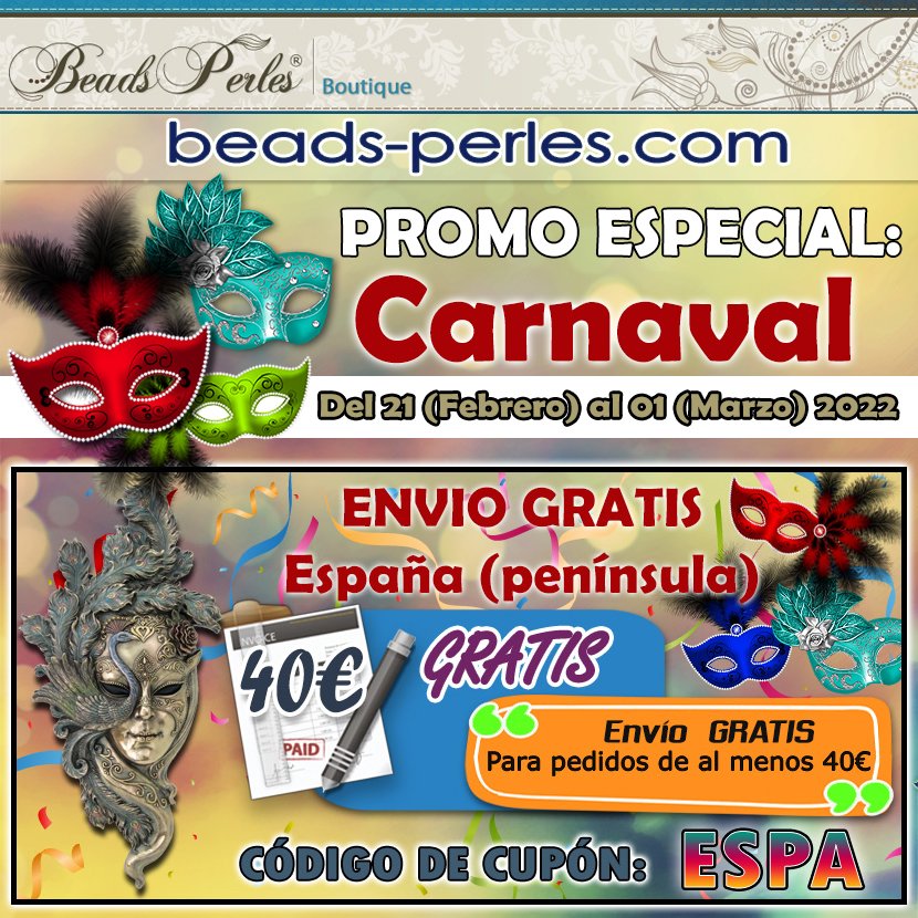 BeadsPerles's tweet photo. Estamos de ‍🎭 CARNAVAL ‍🎭 
y en https://t.co/a6gQpFjf93
te llevamos tus compras GRATIS! 
Consulta las condiciones aquí:
https://t.co/T0F8aNVgEN
Del 21 de Febrero al 01 de Marzo de 2022
 ‍🎭 ESPAÑA - Envío gratis
Código: ESPA
Para pedidos de al menos 40€
Feliz Carnaval🥳🦸‍♂️🧙‍♂️🎉 https://t.co/PF0BpNs7FS