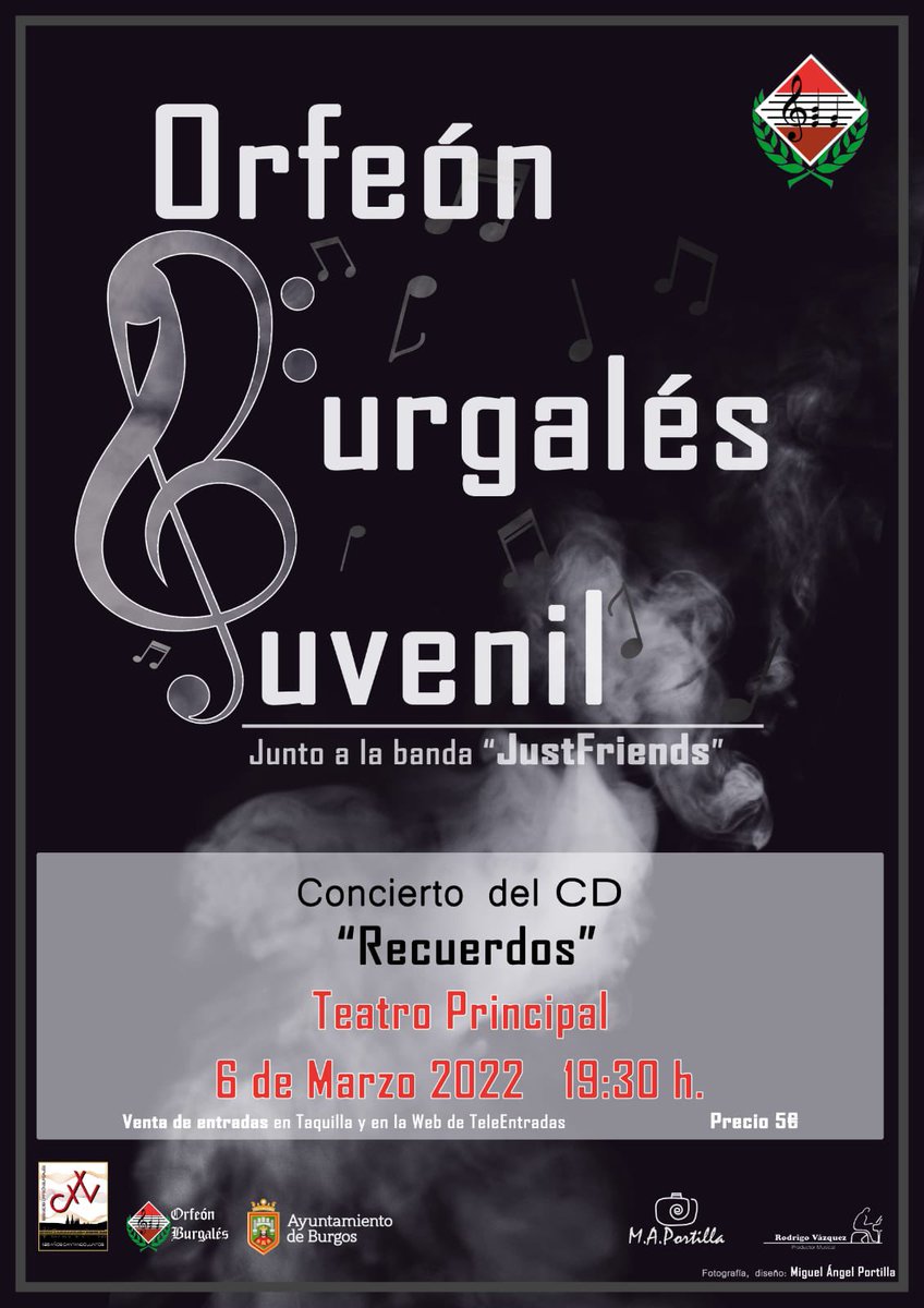 #CONCIERTO  del trabajo discográfico del <a href="/OrfeonBurgales/">Orfeón Burgalés</a> JUVENIL #RECUERDOS +<a href="/JustFriends/">JustFriends 💔</a> 
Produccion <a href="/RodriVazquezMin/">Rodrigo Vázquez Minguito</a> 
Dirección: Ana Isabel Ayala 

📆domingo 6 de marzo
⌚️19:30
📍#TeatroPrincipal #Burgos 
🎫Venta de Entradas: 5€ bacantix.com/entradas/webfo… 
#culturaburgos #Burgos