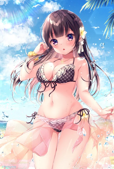 黒髪ちゃんと水着デート🏝️
#くそ寒いので水着絵を貼る 