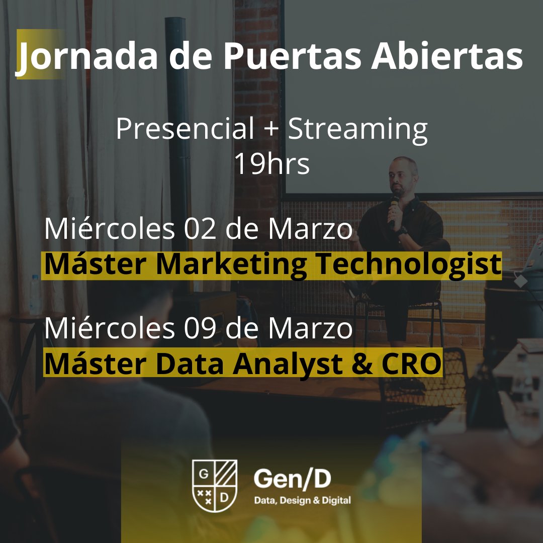 ¡Abrimos la escuela para ti!

✅ Conoce a los Directores del máster
✅ Experiencia de antiguos alumnos
✅ Metodología y funcionamiento

👉🏻 Abril 2022

Entradas gratuitas:

Marketing Technologist | lnkd.in/eNfpFp7c

Data Analyst &amp; CRO | lnkd.in/eFefnfjc

#gend #data