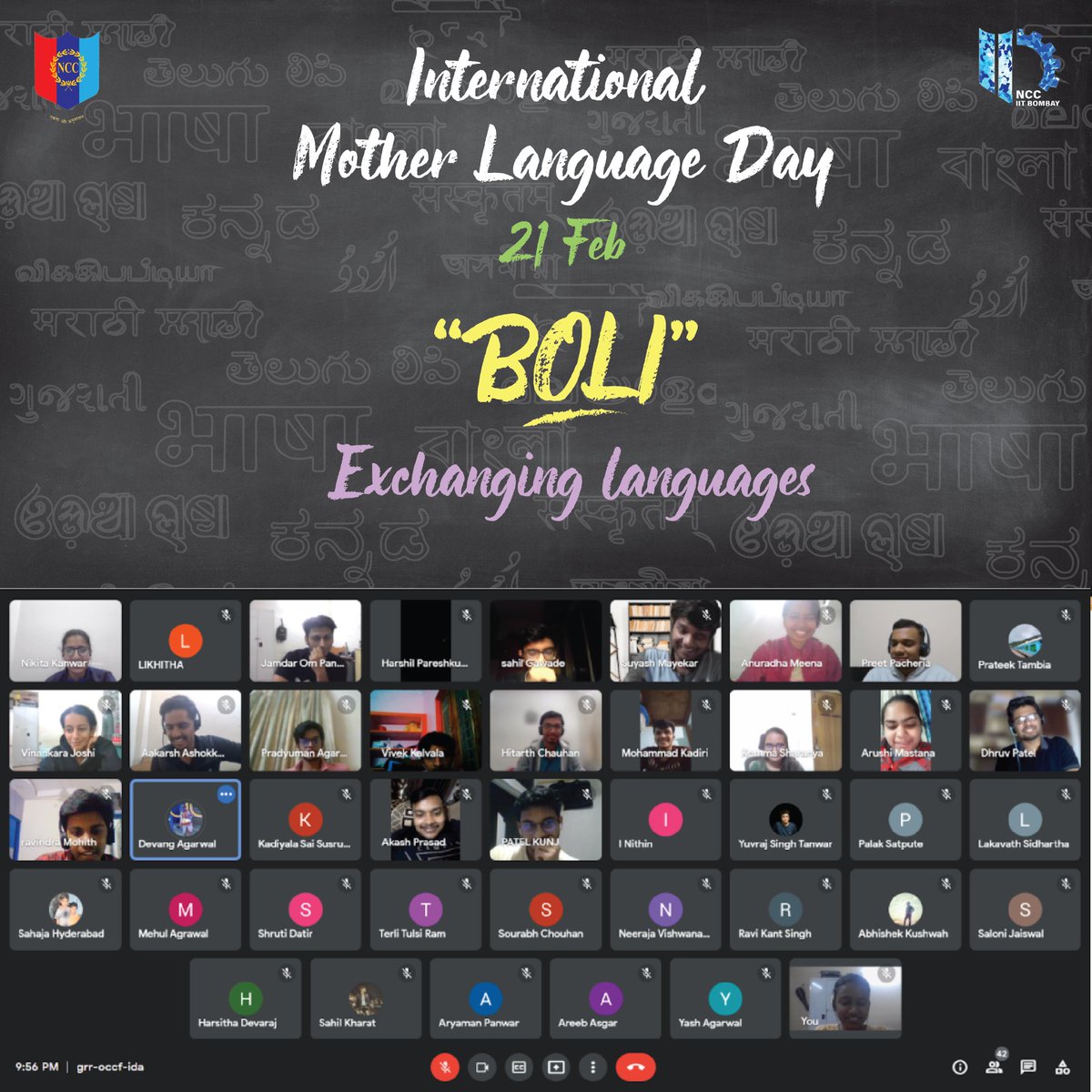 NCC_IIT_Bombay's tweet photo. Jai Hind!
To appreciate the diversity of our native languages, Cadets of NCC @iitbombay came together to promote harmony under the initiative - “Boli” on the occasion of International Mother Language Day
@ncc_dte 
@mumbai_group 
#AmritBhasha
#MotherLanguageDay https://t.co/MzCzRl9xon