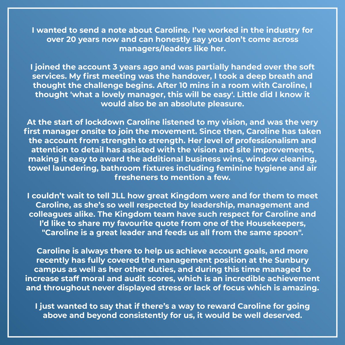 KingdomClean_UK's tweet photo. Thanks to the #SoftServicesManager at #JLL for this wonderful #feedback! It is clear how much of an asset Caroline is, going above and beyond her role. She is a shining example to us all. #ThankYou Caroline for your continued hard work & dedication #Recognition #ClientFeedback https://t.co/kwj2HxlDV2
