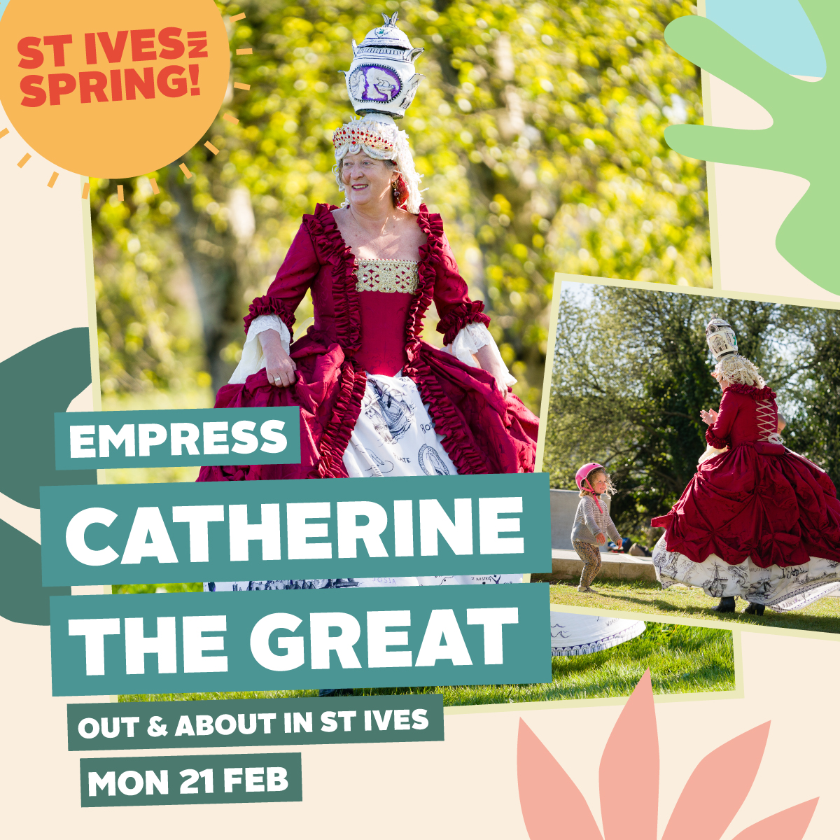 🌟 TODAY: Extraordinary visitors Empress Catherine the Great & her maid Tilly will be arriving in St Ives in style - taking in the sea air, gardens, beaches, shops & galleries. See if you can find her & have a memorable royal experience! Part of St Ives Welcome Back events.