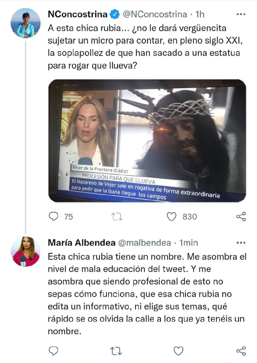 No me sorprendería 1tuit así de los miles de odiadores profesionales q no saben de lo q hablan cuando critican, pero decepciona q <a href="/NConcostrina/">NConcostrina</a>, alguien del medio, publique algo tan desafortunado y de tan mal gusto sobre 1compañera q sólo hace (y muy bien, por cierto) su trabajo.
