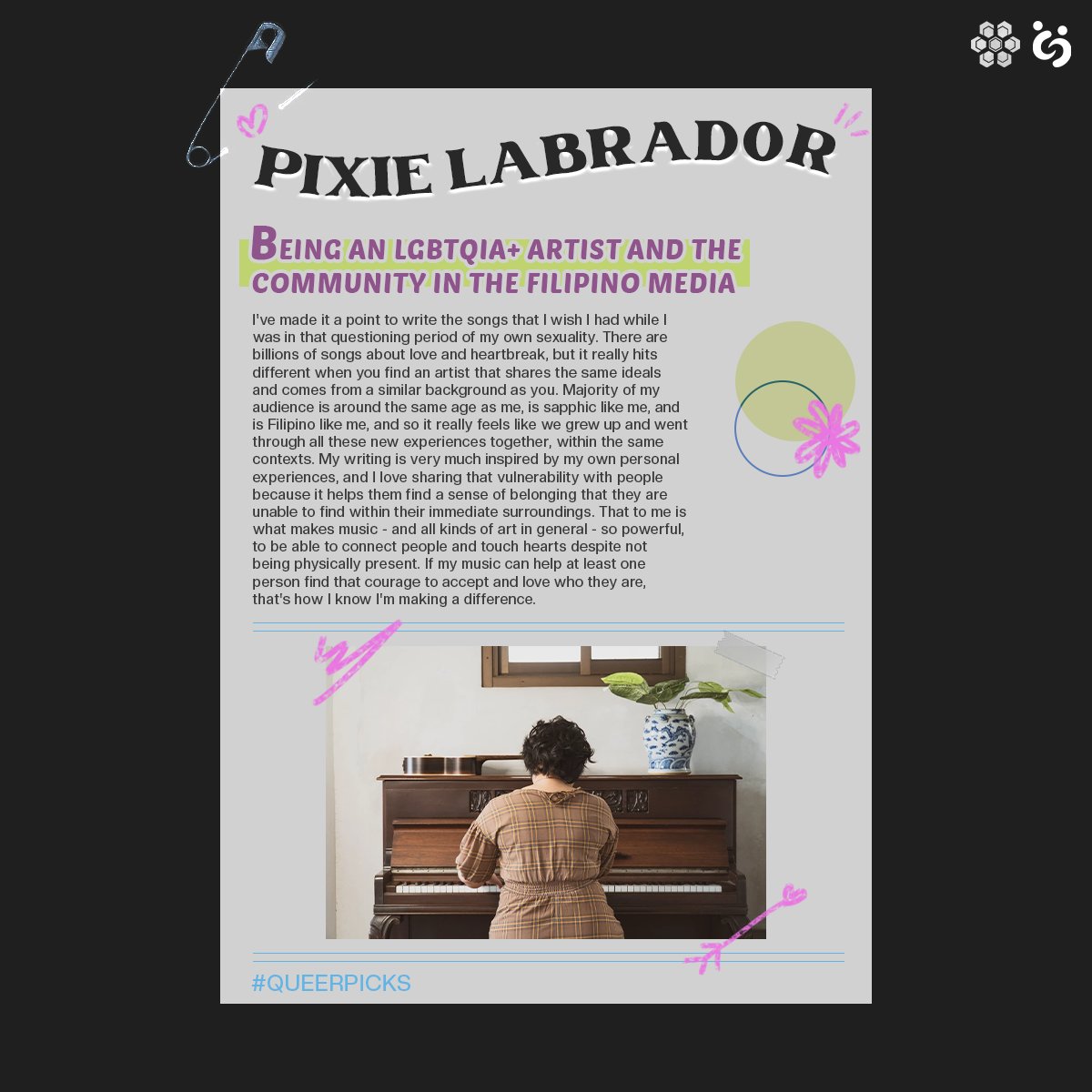 csbbenildehive's tweet photo. Here's your monthly dose of queer content served with love from Filipino Artists!🌈

Meet our 3rd #QUEERPICK! Pixie Labrador, a Filipino singer-songwriter and producer who aims to normalize queer protagonists in art.

See more here: https://t.co/VjDVSJoQQk
#QPArtistOfTheMonth https://t.co/xYAnf7XhGP