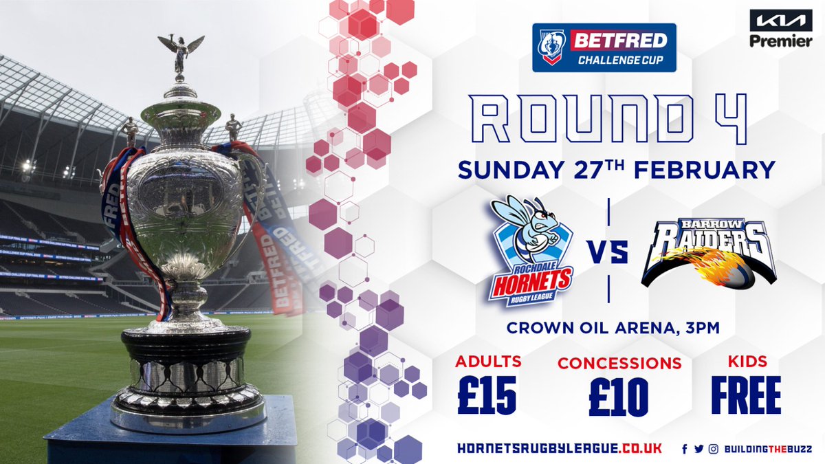 HornetsAll's tweet photo. Have you got your tickets for Betfred Challenge Cup Round 4? @RochdaleHornets v @BarrowRaiders
Sunday 27th Feb at 3pm at the Crown Oil Arena
Kids go free!๐
Secure your seat now! Link below
https://t.co/fxvOa6huFQ
#Hornets #Buildthebuzz https://t.co/EeP6uyAH6o