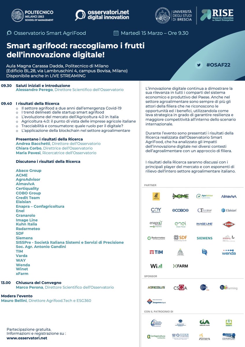 Appuntamento a martedì 15 marzo per il Convegno "#Smartagrifood: raccogliamo i frutti dell’#innovazionedigitale!", iscriviti per non perdere l'occasione di seguire l'evento gratuitamente in streaming: bit.ly/3hjnYod #osaf22