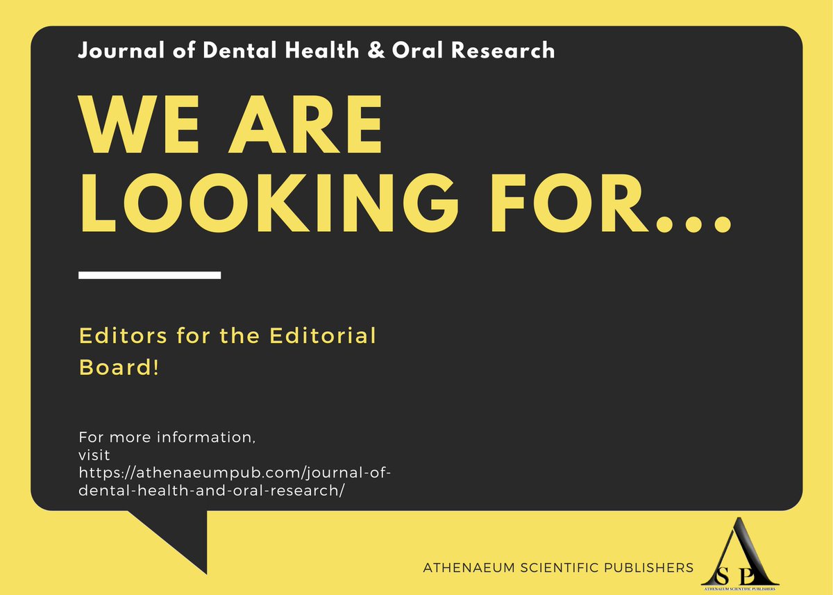 #callforeditors The Journal of Dental Health & Oral Research is looking for editors for its editorial board.

Enquire at: athenaeumpub.com/journal-of-den……

#medtwitter #sciencetwitter #academictwitter #STEM #research #researchers