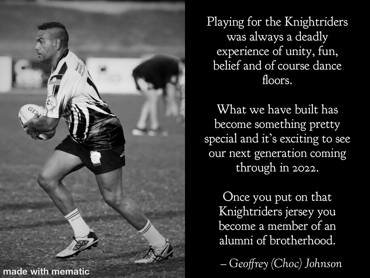 Knightriders7s's tweet photo. Knightriders Quotes 

Geoffrey (Choc) Johnson : Knightriders Alumni 

Choc has won 3 Ella 7’s with the Knightriders and always brought the energy and life to the group. A true Aboriginal warrior of the old kind with value and integrity. https://t.co/42g8pEEgjQ