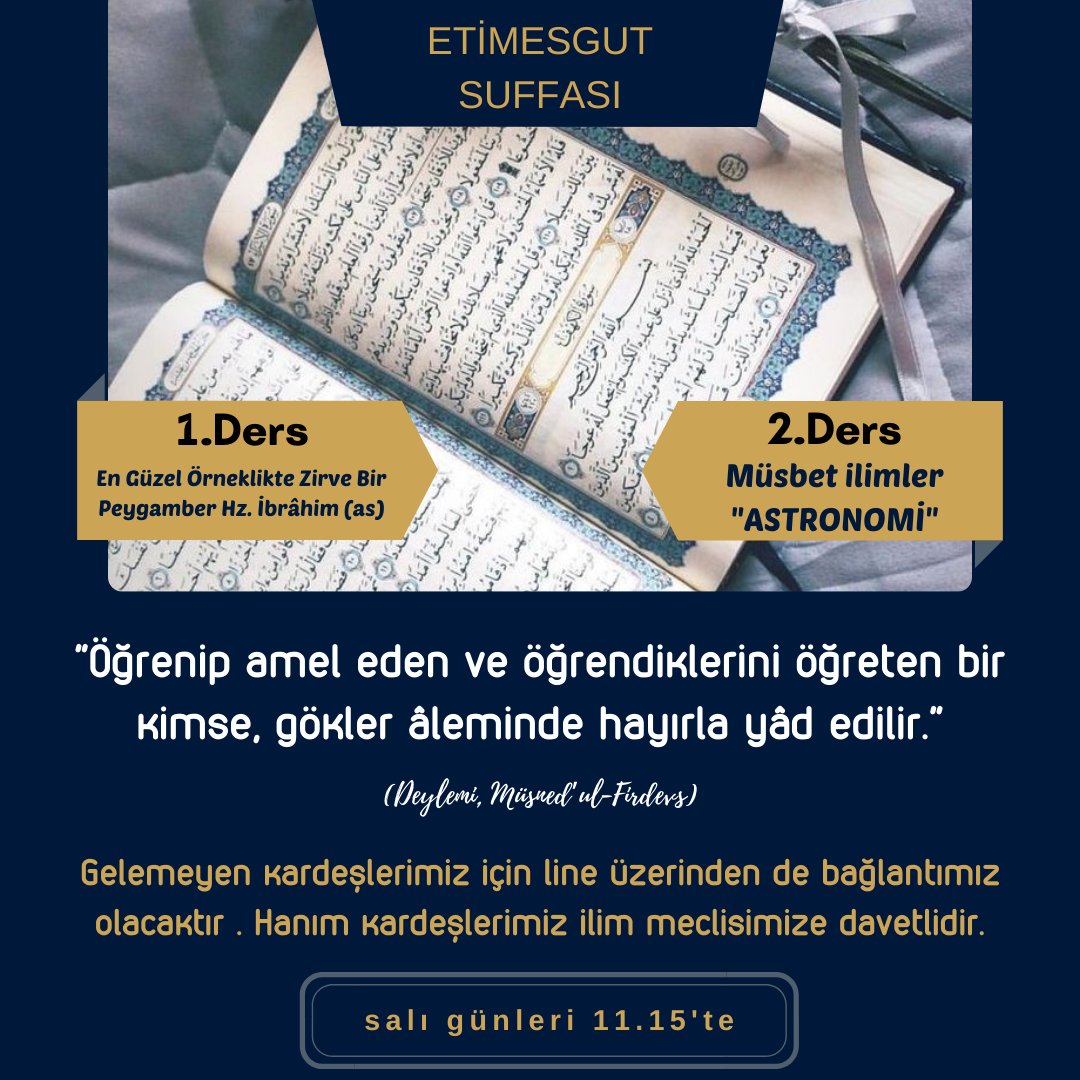 'Bu dersler, mazinin muhasebesini yapmak, ânı yaşatmak, istikbali ise inşa etmek için dinlenilmelidir. Ya Rabbi şu peygamberlerin mücadeleleri ile bizleri adam et. ' @m_eminyildirim
Suffa meclisimize tüm hanım kardeşlerimizi bekleriz 🌿
#ilimdersleri