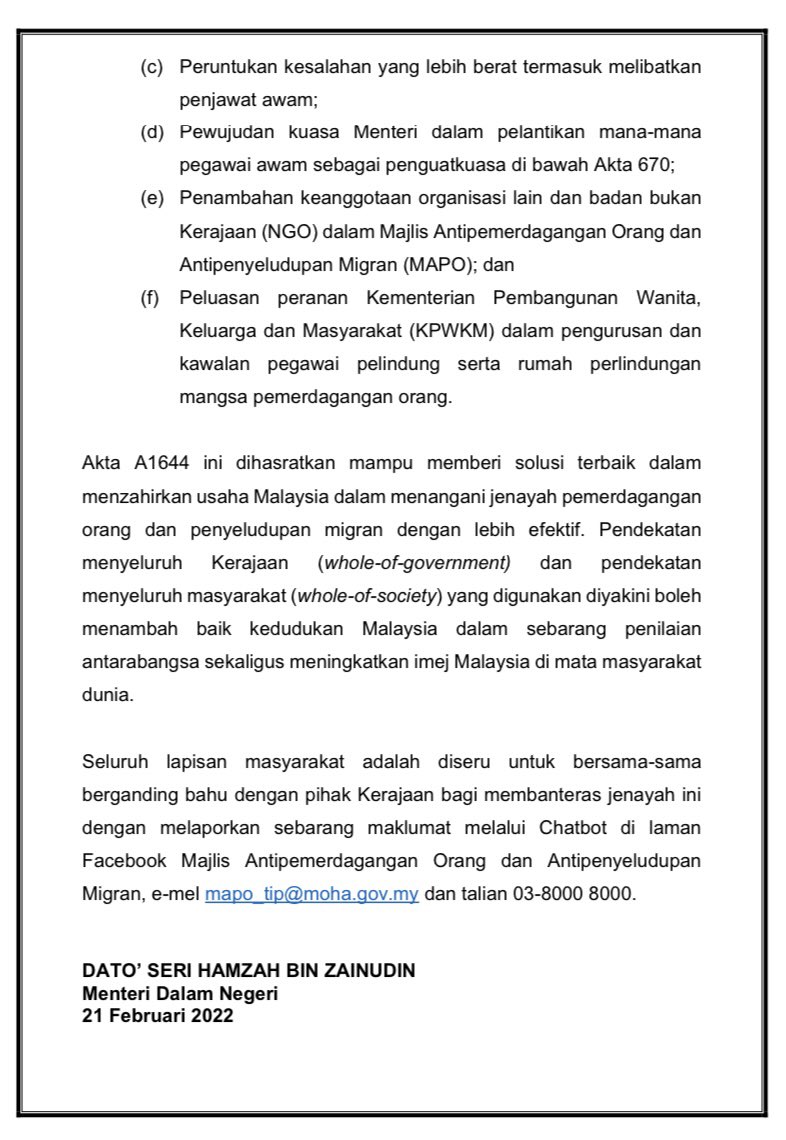 KENYATAAN MEDIA MENTERI DALAM NEGERI - PENGUATKUASAAN AKTA ANTIPEMERDAGANGAN ORANG DAN ANTIPENYELUDUPAN MIGRAN (PINDAAN) 2022 [AKTA A1644] #KeselamatanTanggungjawabBersama #KitaDemiNegara #KeluargaMalaysia
