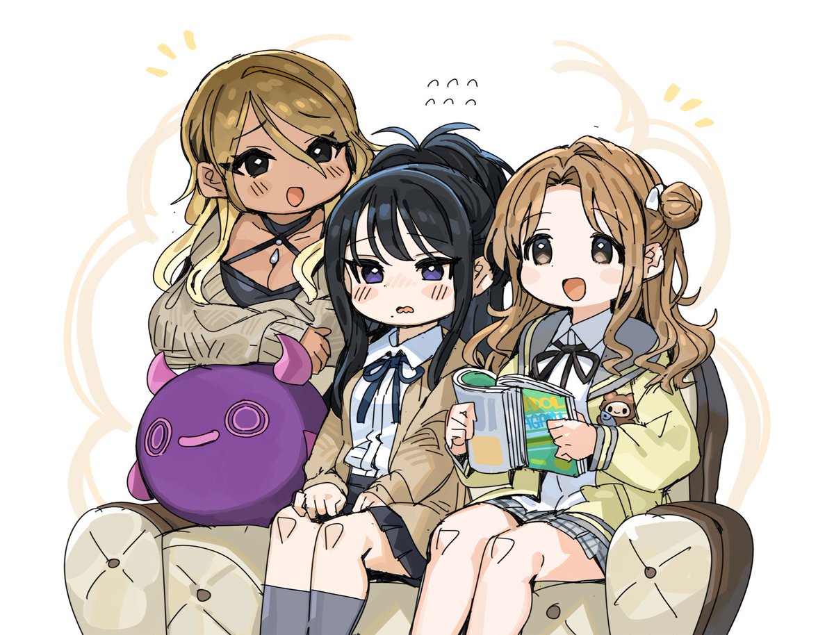izumi mei ,kazano hiori multiple girls 3girls brown hair black hair hair bun couch skirt  illustration images