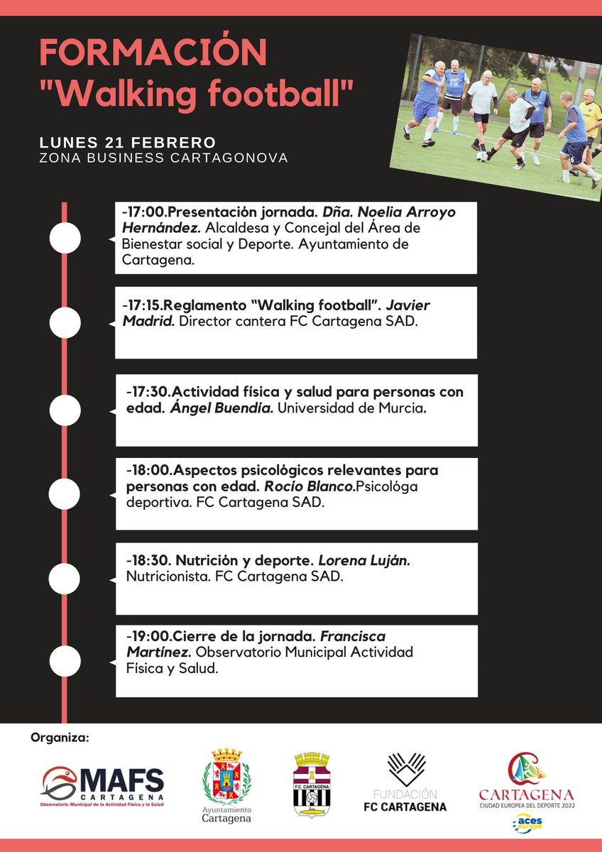 FCCartagena_efs's tweet photo. PRESENTACIÓN | Walking football 

⏰ 17.00 horas 
🏟 Sede @fcc_business 
🗣🎙 @javimadridfut @Marianobelmont9 

🤝 @AytoCartagenaES https://t.co/8leUJxlg9F