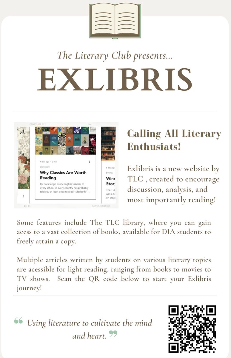 The Literary Club is proud to present DIA’s first literary-based website,  “Exlibris”! #DIADreamInspireAchieve ⁦<a href="/KHDA/">KHDA | هيئة المعرفة والتنمية البشرية بدبي</a>⁩ ⁦<a href="/gulf_news/">Gulf News</a>⁩ ⁦<a href="/khaleejtimes/">Khaleej Times</a>⁩ ⁦<a href="/EmiratesLitFest/">EmiratesLitFest</a>⁩