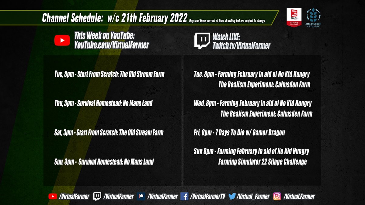 Virtual_Farmer's tweet photo. Stream Schedule w/c 21st February 2022
#FarmingFebruary #FarmingSimulator22 #7DaysToDie
- https://t.co/IwSmBcJnn9
- https://t.co/aUmW4OBaEu
@farmingsim @7DaystoDie @STREAM_NKH https://t.co/11n4WO2cku