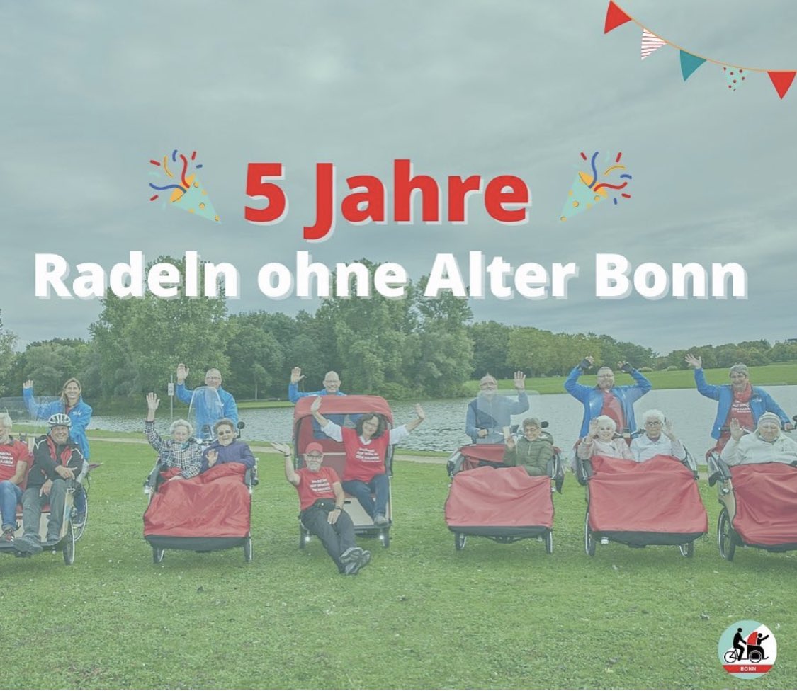 Wow, heute werden wir 5! Fünf Jahre #RadelnohneAlter und #RechtaufWindimHaar für viele, viele mobilitätseingeschränkte Menschen in #Bonn. ♥️lichen Dank an alle Ehrenamtlichen, Sponsor*innen und Unterstützer*innen! Im Sommer feiern wir gemeinsam! 🎉🥂🍀 #cyclingwithoutage