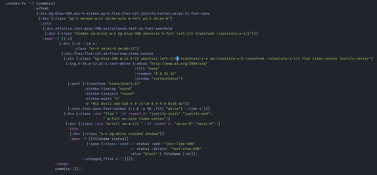 What if it were trivial to add a notebook showing the git timeline of your current project? With Clerk, it is. The third screenshot is the entire render function for this display...