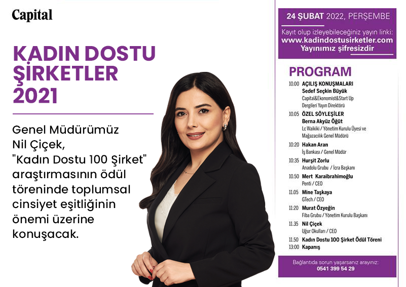 UgurOkullari's tweet photo. Genel Müdürümüz Nil Çiçek, toplumsal cinsiyet eşitliğinin önemi üzerine yapacağı konuşmasıyla 'Kadın Dostu 100 Şirket' araştırmasının ödül törenine konuk oluyor!
@CapitalDergisi tarafından, 24 Şubat düzenlenecek olan töreni https://t.co/pOz3FQoGYZ adresinden takip edebilirsiniz. https://t.co/trNY0bO85i