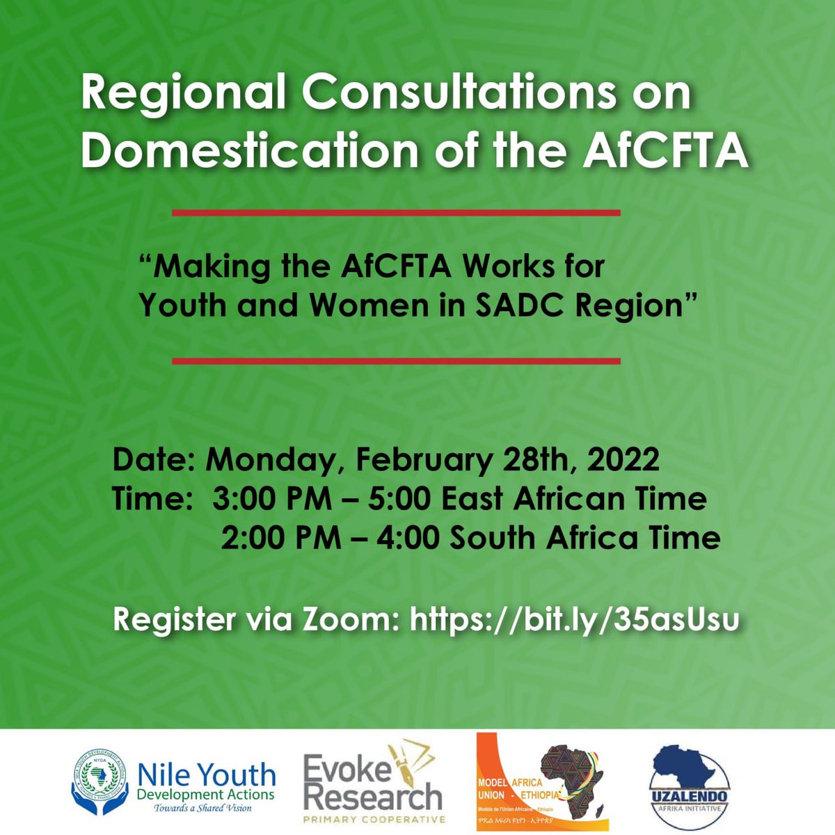 👉calling all youth and women in the SADC to join our regional consultation under the theme of "Making AFCFTA work for youth &amp; women in the SADC " .

We are convening this with <a href="/NYDA2018/">Nile Youth Development Actions (NYDA)</a>  in partnership with <a href="/evokeresearch/">Evoke Research Primary Cooperative</a> in South Africa 🌍

#MakingAFCFTAwork4women