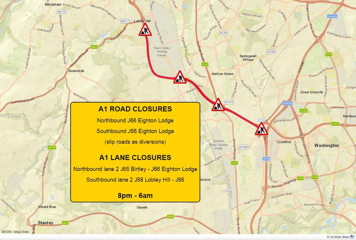 NELiveTraffic's tweet photo. ⚠ CLOSURES &amp; WORKS:

A1 (NB) &amp; (SB) J66 Eighton Lodge
(slip roads for diversions)

A1 (NB) lane 2 J65 Birtley - J66 Eighton Lodge.

A1 (SB) lane 2 J68 Lobley Hill - J66 Eighton Lodge

8pm - 6am

#Gateshead https://t.co/w7WHKPahwV
