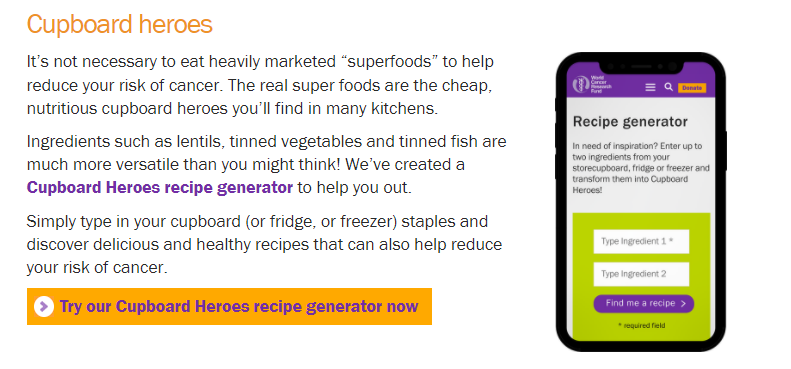 MyNutriWeb's tweet photo. Have you seen the NEW @WCRF_UK Cupboard Heroes recipe generator❓

🍒 🥑  Enter up to 2️⃣ ingredients from your storecupboard, fridge or freezer &amp; transform them into Cupboard Heroes using the recipe generator🍴 

Have a go👉 https://t.co/mHtDti1zxa

#CancerPreventionActionWeek https://t.co/5pwae9sqjD