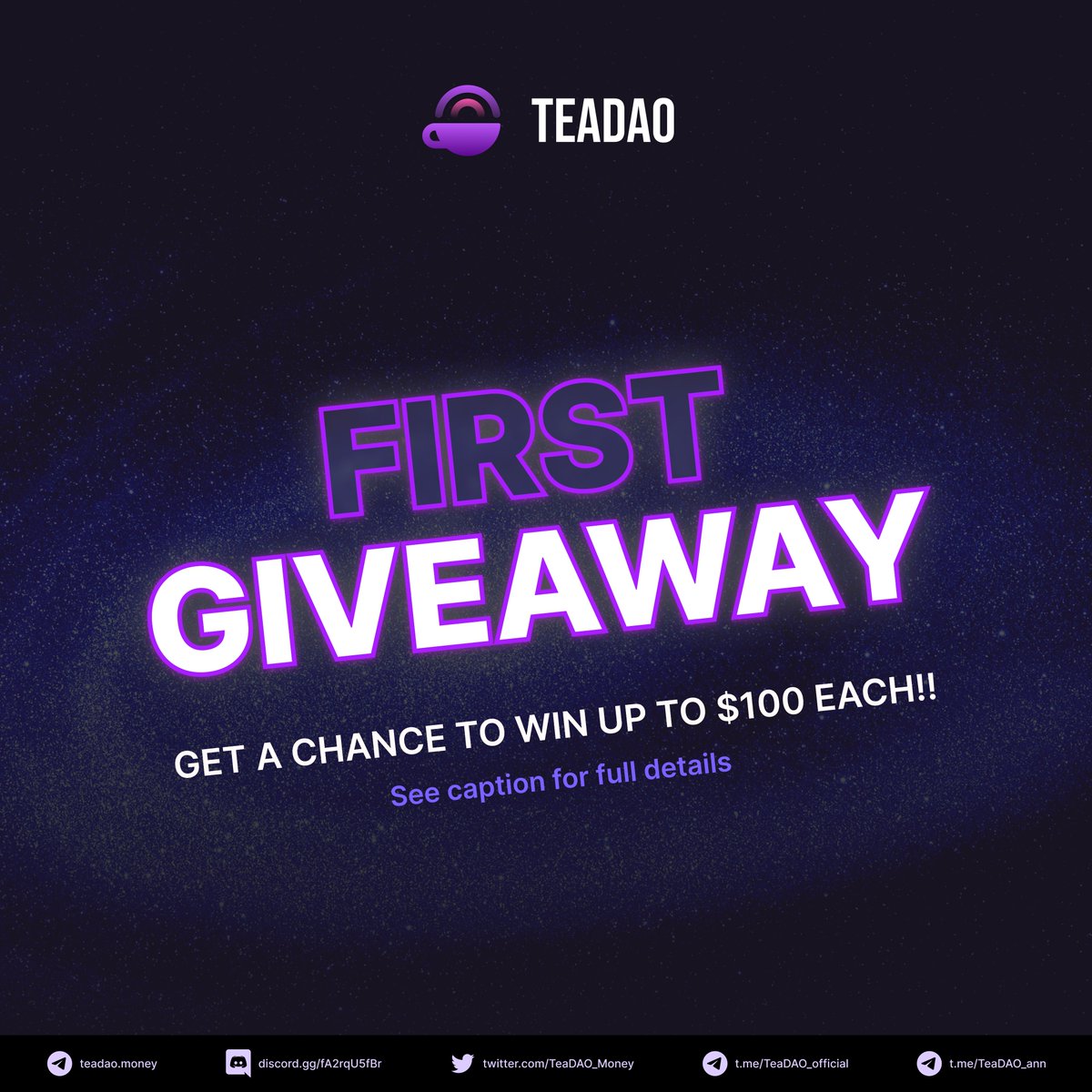 🚀 TeaDAO First #Giveaway 🚀 

✅ Join t.me/TeaDAO_official
✅ Follow us @teadao_money
✅ Retweet this post &amp; pinned post
✅ Reply: @ Your favorite crypto #KOL (Twitter or youtube, etc.) and drop your #BSC BEP-20 address 👇🎁

20 winners will be rewarded up to $100 each.