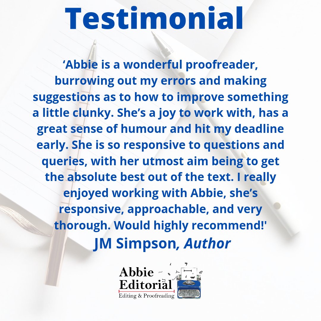 AbbieEditorial's tweet photo. Thanks to @JMSimpsonauthor for this wonderful testimonial. A lovely way to start the week.
#proofreader #freelanceproofreader https://t.co/RgFdp1kua8 https://t.co/4q0oLvxYqU