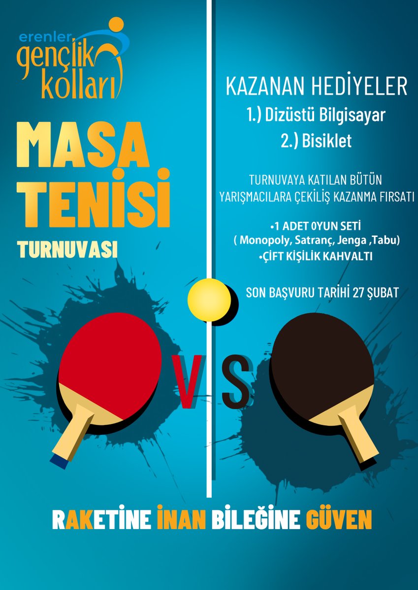 Gençler turnuvada buluşuyor💪🏓
Turnuvaya katılım için;
*@akgencerenler takip,
*Gönderiyi retweet,beğeni,
*iletişim bilgilerinizi(ad,soyad,numara)"DM"üzerinden bizlerle paylaşın. 
*Başlangıç tarihi:4 MART
Not:Turnuvaya katılanlar arasında final günü hediye çekilişimiz olacaktır.