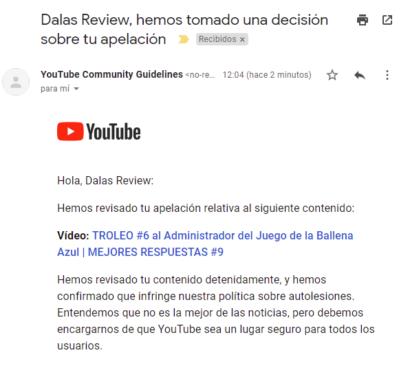 DalasReview's tweet photo. Literalmente esto es un chiste @TeamYouTube la persona de VUESTRA SUBCONTRATADA tiene una fijación INSANA con mi canal. Literalmente rechazó la apelación AL MOMENTO de ponerla. Esto ya es UN CHISTE.

Un vídeo que es HUMOR me lo tiran por "autolesiones" como muchos otros. Penoso. https://t.co/1lzIVXtMIH